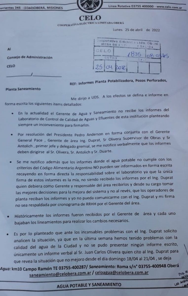 Bioquímica de la Celo alertó sobre inconvenientes en la calidad del agua que se distribuye por red en Oberá